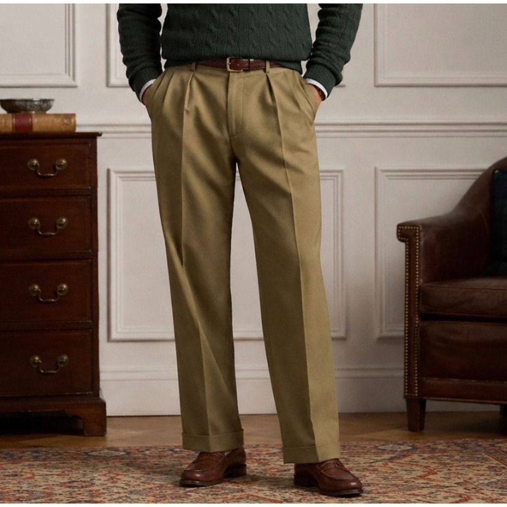 Lauren Ralph Lauren Total Comfort Dress Pants Mens 36X30 Wool Pleated Cuffed Tan
